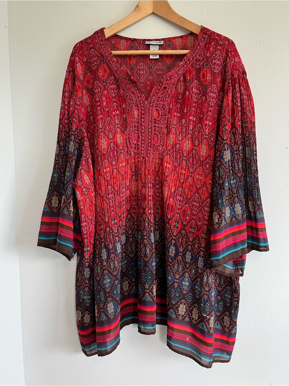 Catherine's Boho Red Patterned Crinkle V-Neck Tunic Top Sz 3X